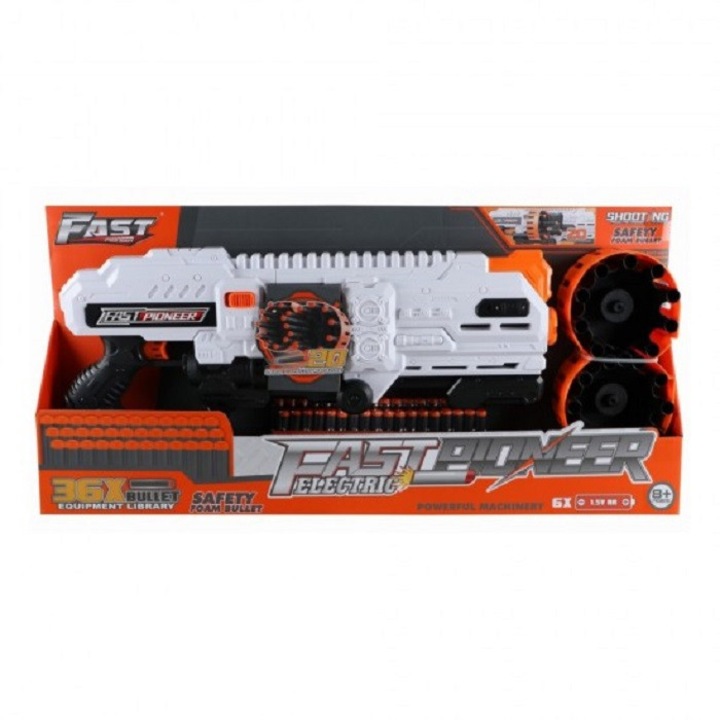 Blaster de jucarie electric cu gloante din spuma, 36 proiectile, 2 cilindre rotative, Fast Pioneer