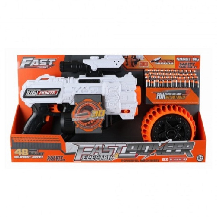 Blaster de jucarie electric cu gloante din spuma, 48 proiectile, cilindru rotativ, Fast Pioneer