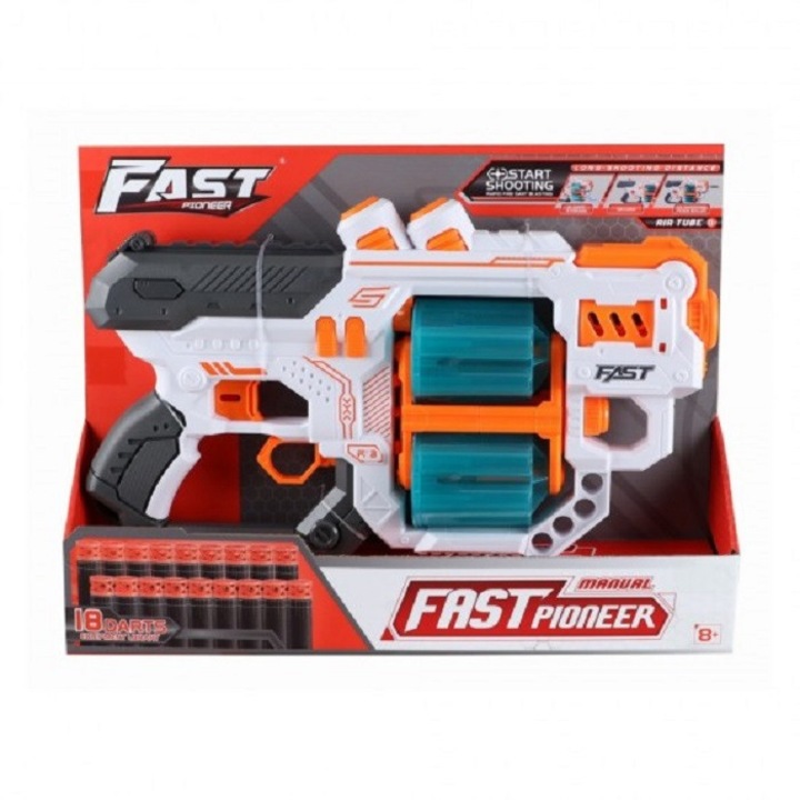 Blaster de jucarie manual cu gloante din spuma, 18 proiectile, 2 cilindre rotative, Fast Pioneer