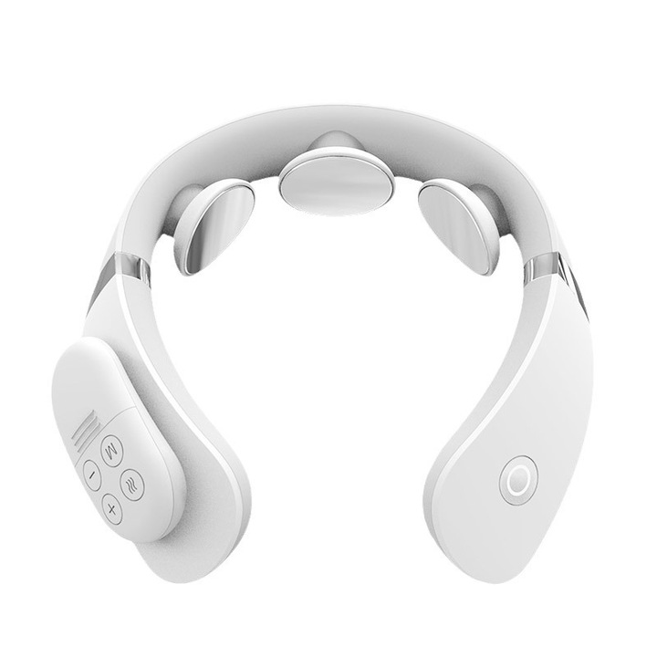 Aparat Masaj Cervical Electric cu Electrozi EMS, Incalzire si 15 Nivele de Intensitate, Reincarcare USB, Telecomanda Magnetica, Alb