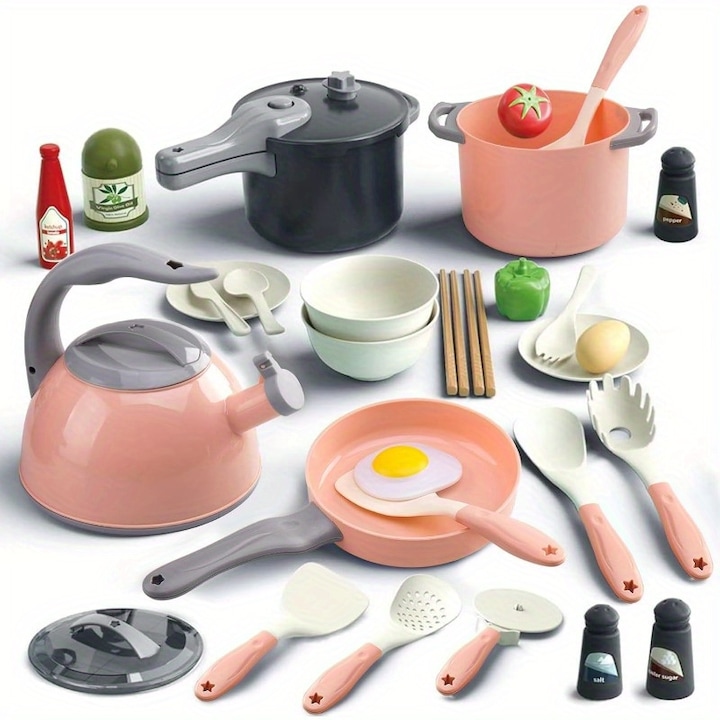 Set de bucatarie de jucarie pentru copii, 32 de bucati, jucarii de gatit pentru prefacatorie, cadou educational, vine cu oala sub presiune, tigaie, ustensile, alimente si legume false, material ABS sigur, potrivit pentru 3 - 6 ani, roz