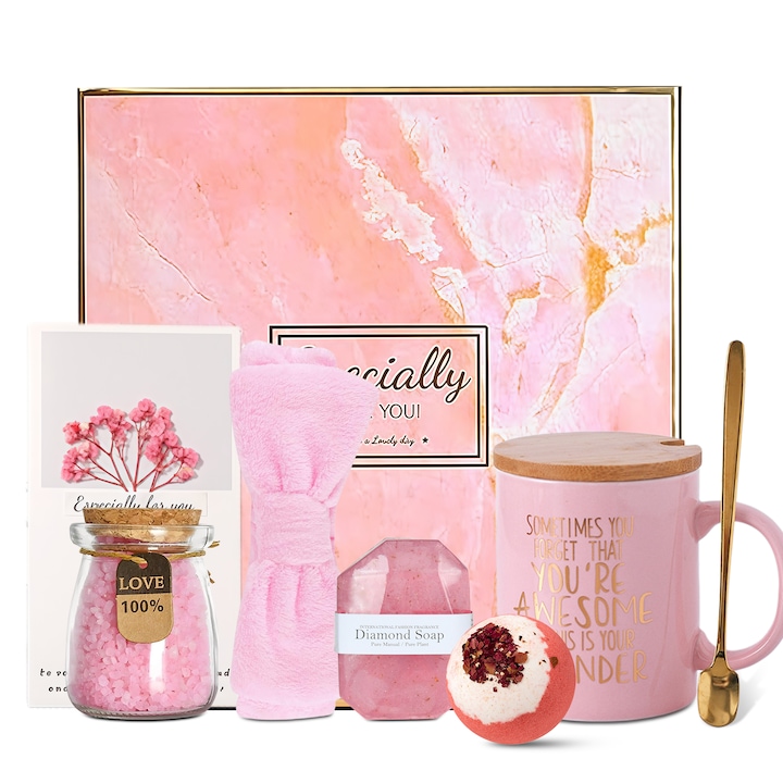 Set cadou spa pentru femei, RorAem, cadou de lux femei cu 6 Produse, cana din, card flori uscate, lumanare aromaterapie, sapun handmade, saruri de baie, Bentita cu funda, Frumos ambalat intr-o cutie, Cel mai bun cadou, dame, mama, sotie, fete, Roz
