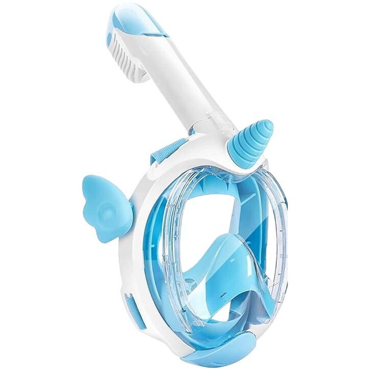 Детска маска за гмуркане с шнорхел RorAem, дизайн на цялото лице, 180 панорамна гледка, технология за суха покривка, синя, за възраст 3-15 години