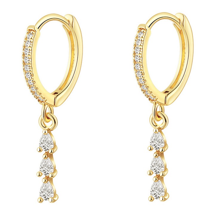 Cercei​​ din Argint 925 lungi cu Zirconiu, Pandantiv picatura de roua, 3.5x1.05 cm, Leverback, Placat cu aur 14K, aur