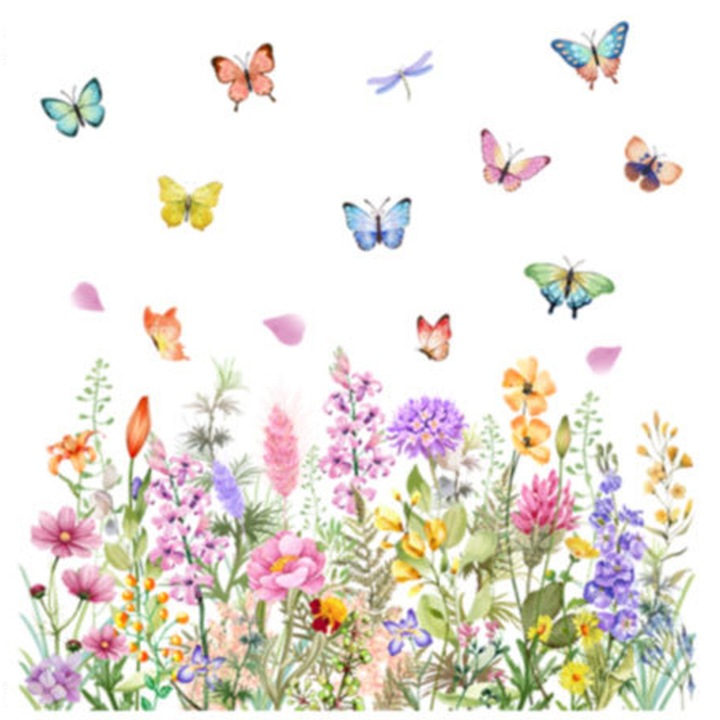 Sticker decorativ fluturi si flori Feicaeesa, multicolor, 60x30cm, autoadeziv, set 1 buc