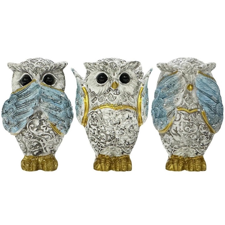 Set 3 Figurine Bufnite, Decorativ, Rasina, Albastru, 4.5x6.4cm