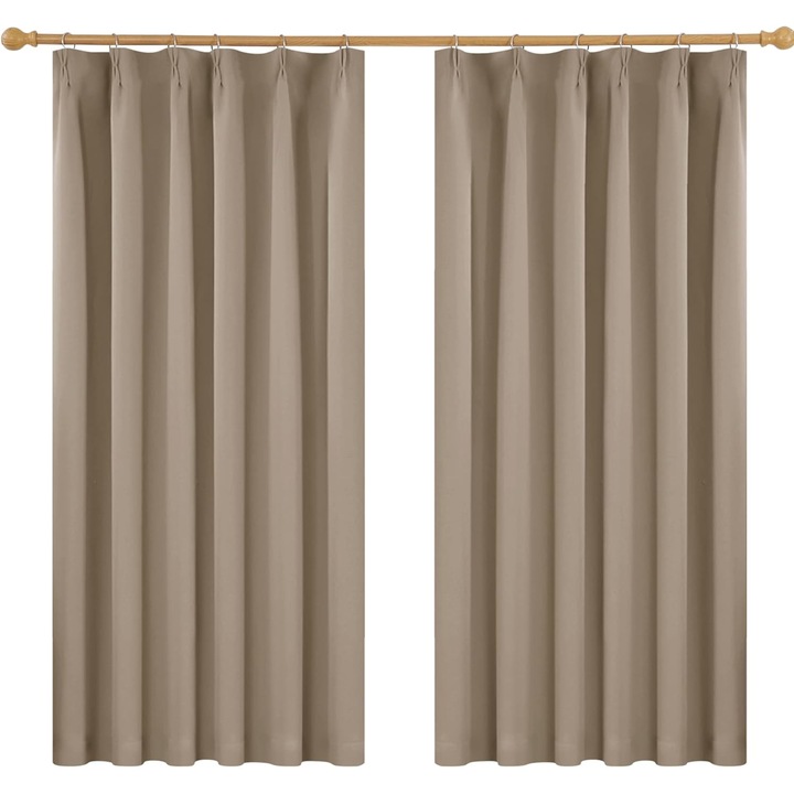 Set de 2 perdele Deconovo opace, termoizolante, pentru intunecarea camerei si economisirea energiei, banda rejansa, 140 x 260 cm, maro deschis