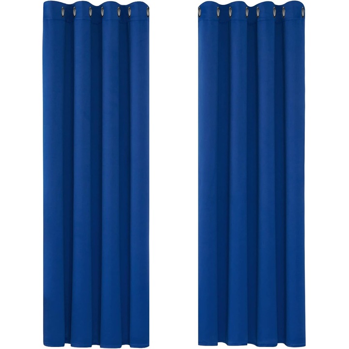 Set de 2 perdele Deconovo opace, termoizolante, pentru intunecarea camerei si economisirea energiei, cu inele metalice, 132 x 214 cm, albastru inchis