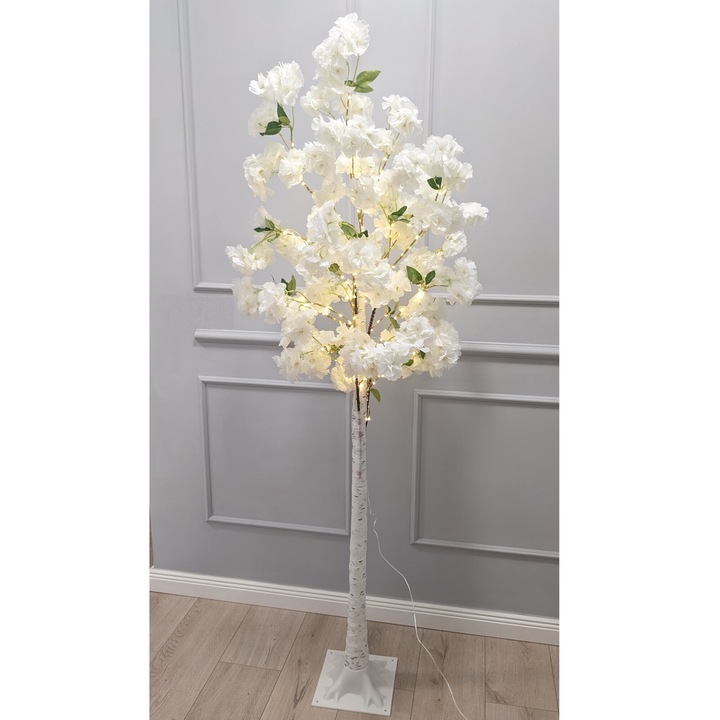 Copac decorativ, flori de cires, 180cm, alb, lumina LED, pom, copacel cu telecomanda