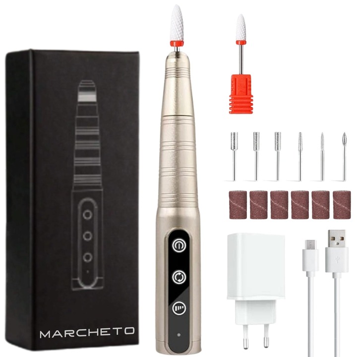 Пила за нокти за маникюр-педикюр, професионална, преносима, ергономичен тънък дизайн, Marcheto® Premium Touch, алуминий, 26000 RPM, 2 посоки, 3 скорости, 7 шлифовъчни глави, 6 пръстена за шкурка с различна зърненост, презареждаема, захранване, златиста