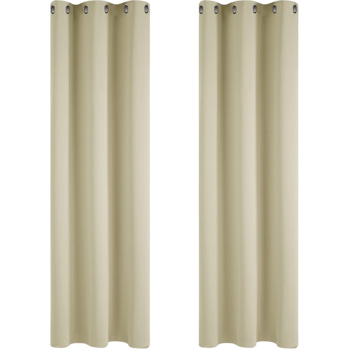 Függöny gyűrűkkel, Deconovo, 132 x 242 cm, Átlátszatlan, Sötétítés, A szoba elsötétítésére, Hővédelem és fény, tökéletes ablakokhoz és ajtókhoz Hálószoba/Nappali, 2 darabos készlet, Bézs