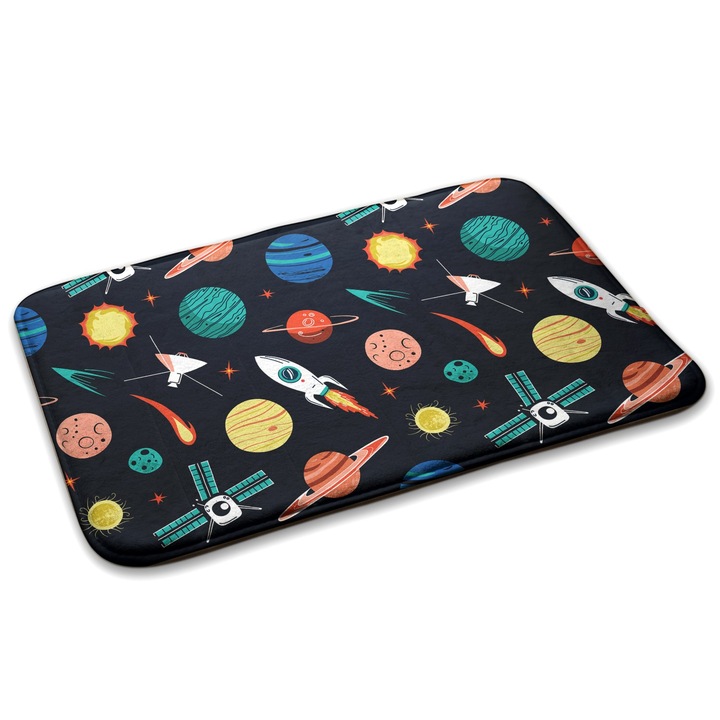 Covor pentru copiie, Decormat, Spatiu si rachete, Negru, 75x45 cm, 010350680010100278988