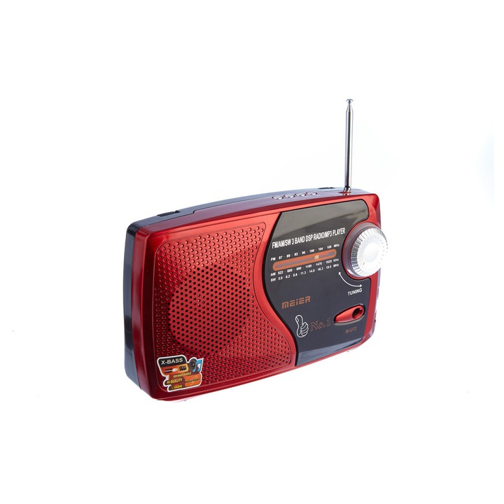 Radio portabil cu acumulator si MP3 Player Meier M-U72, USB, microSD, AM/FM/SW3, Rosu