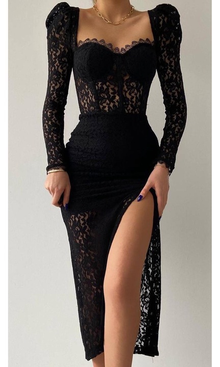 Női ruha, Váltó, Elegáns, Midi, Fekete, Csipke, Hasított szárú L/40