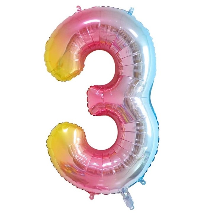 Balon folie, WOW, Curcubeu, cifra 3, 105 cm, Decor Petrecere Copii, Folie Rezistenta, Umflare Aer sau Heliu, WOW Shop
