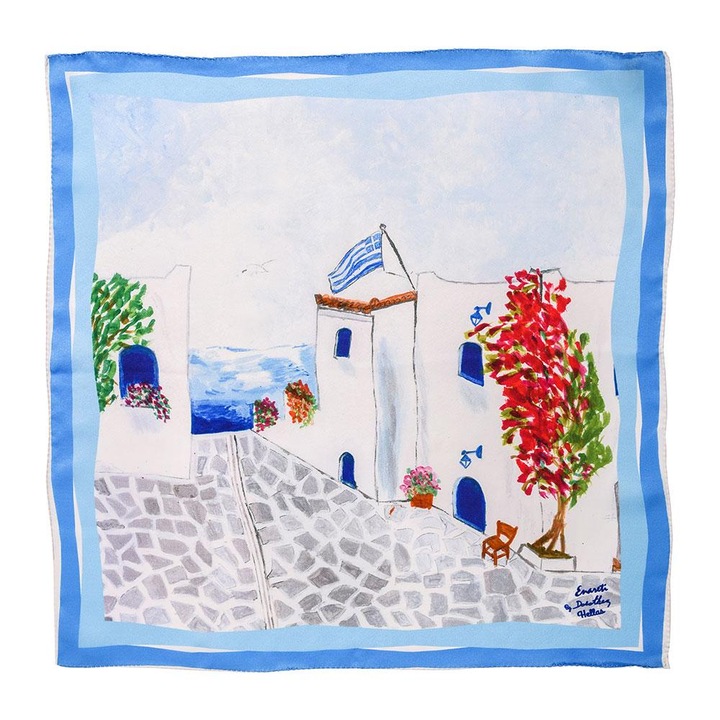 Enareti Fular de matase handmade pentru femei cu imprimeu de peisaj insular x, Multicolor