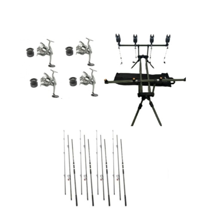 Set 4 Lansete Carbon 3, 90m, 3 Segm, 4 Mulinete Tambur 8000, Rod Pod, Senzori
