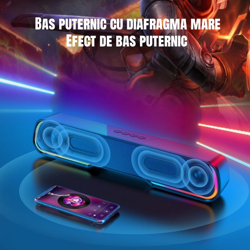 Bara de sunet, Bluetooth, iluminare RGB, USB/AUX/FM/TF, stereo 360°, calitate sunet HIFI, 1200mAh, compatibilitate larga, negru