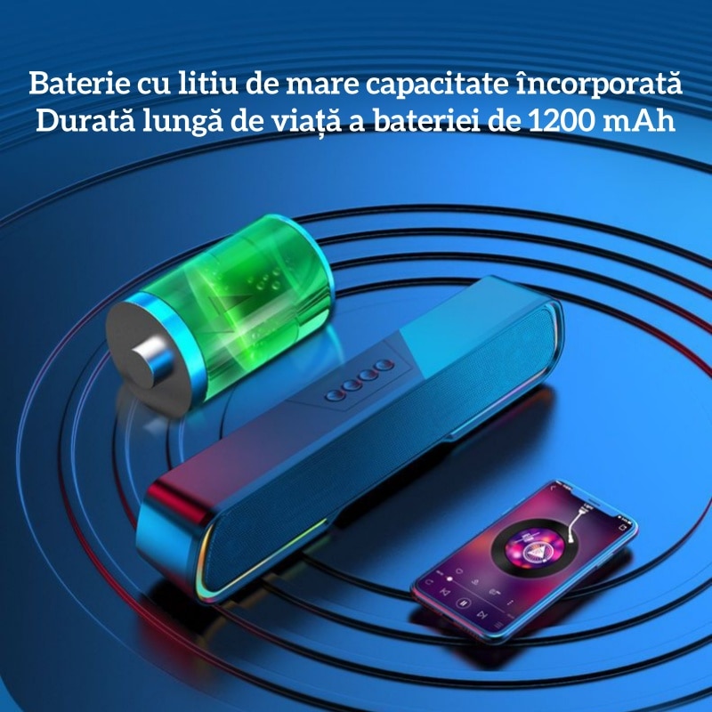 Bara de sunet, Bluetooth, iluminare RGB, USB/AUX/FM/TF, stereo 360°, calitate sunet HIFI, 1200mAh, compatibilitate larga, negru
