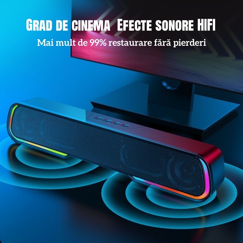Bara de sunet, Bluetooth, iluminare RGB, USB/AUX/FM/TF, stereo 360°, calitate sunet HIFI, 1200mAh, compatibilitate larga, negru