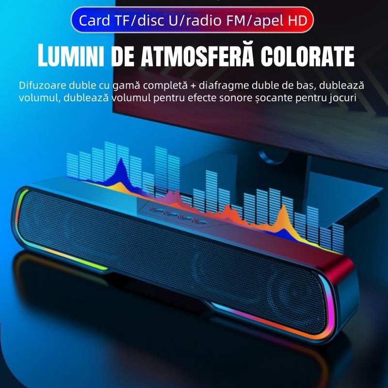 Bara de sunet, Bluetooth, iluminare RGB, USB/AUX/FM/TF, stereo 360°, calitate sunet HIFI, 1200mAh, compatibilitate larga, negru