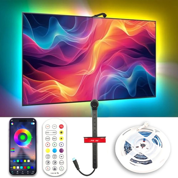 RGBIC LED лента за телевизор, Bluetooth, синхронизация на изображението, интелигентност, подсветка на телевизора, управление на приложения или дистанционно управление, съвместим с 55-65 инча телевизор с диагонал, 3,8 м