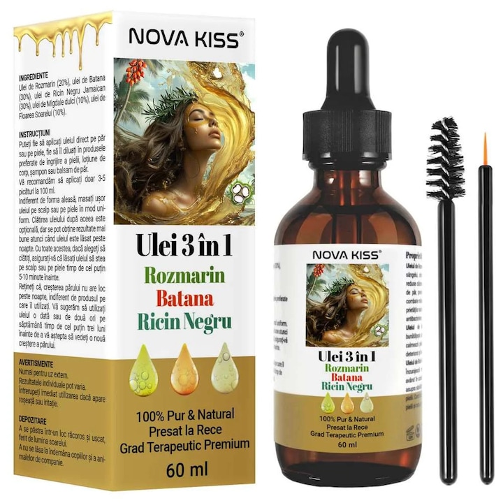 Ulei 3 in 1 Rozmarin, Batana si Ricin Negru NOVA KISS®,100% Pur & Natural, Grad Terapeutic Premium, pentru Cresterea Parului, Tratarea Scalpului si Pielii, 60 ml
