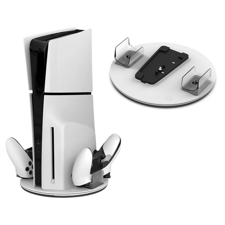 Stand de incarcare vertical, RGB LED, Honcam®, statie cu 2 porturi incarcare controllere, Compatibil cu PS5 Digital Edition, PS5 Disc Edition, PS5 SLIM, PS5 PRO