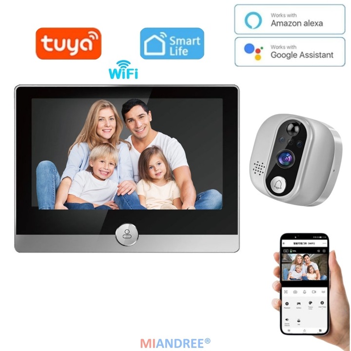 Vizor Electronic Inteligent Wi-Fi, MIANDREE®, Camera 1080P HD, Ecran LCD 4.3 Inch, Senzor Miscare, Audio Bidirectional, Vizualizare Nocturna, Aplicatie Telefon Android/iOS, Baterie Reincarcabila 5000mAh, Instalare Usoara, Supraveghere Sigura, Argintiu