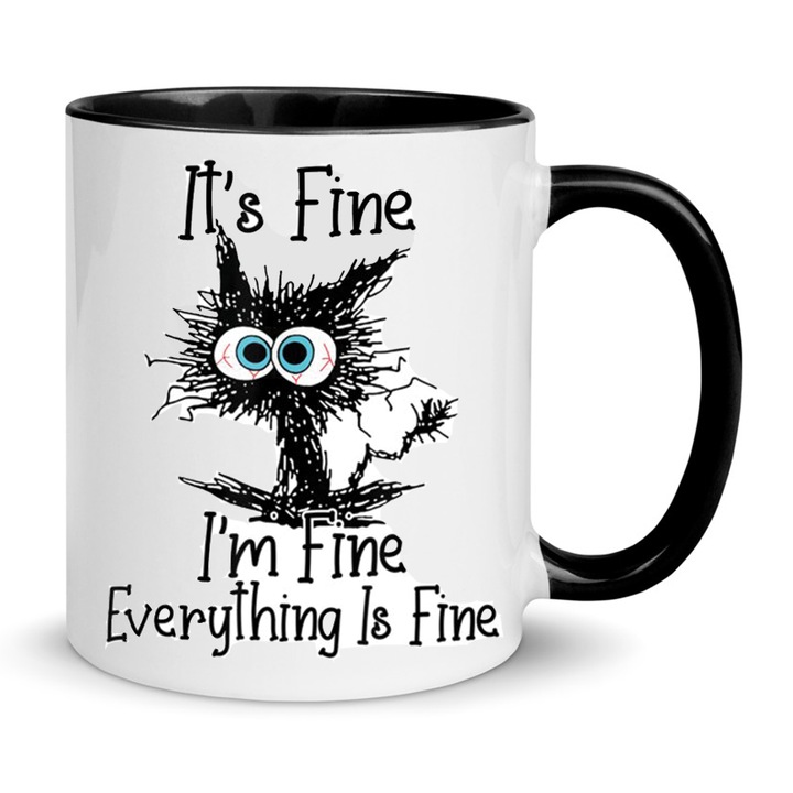 Cana ceramica Chn 330ml alba cu maner si margine neagra, design amuzant