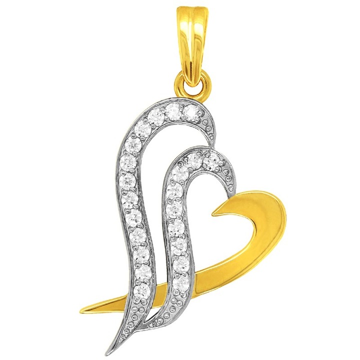 Pandantiv din aur 14K cu doua inimi si zirconii, KingGold, elegant