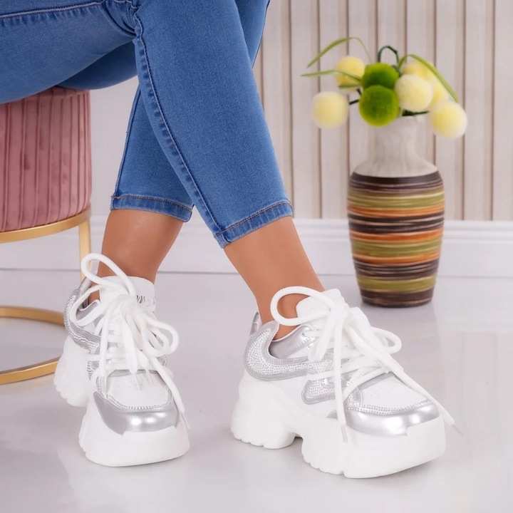Sneakers dama cu platforma Albi din Piele Ecologica Nisya, Alb/Argintiu