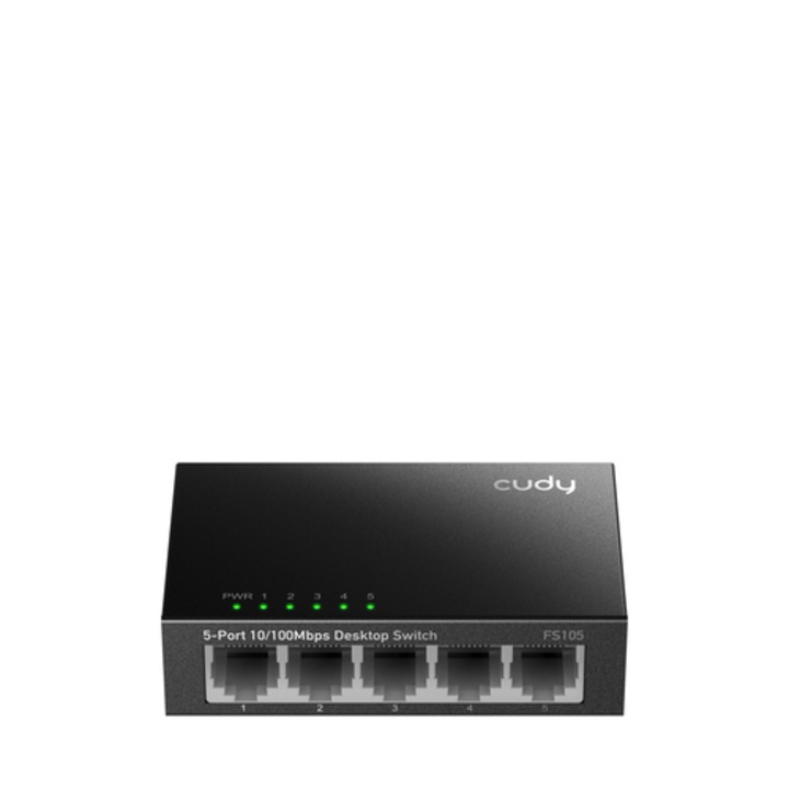 Cudy FS105 kapcsoló, 5 portos 10/100 Mbps RJ 45, fém ház, fekete