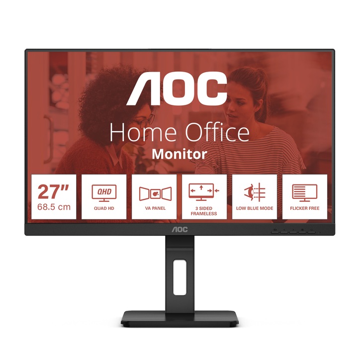 Монитор AOC Q27E3UMF, 27'', WLED VA Panel, 2560x1440, 16:9, 4ms, 300 cd/m2, 4000:1, 20M:1, Anti Glare, 3H, 3-sided frameless, Flicker-free, Low blue light, AdaptiveSync, HDMI, DisplayPort, 2x USB 3.2, Speakers, HAS, Swivel, Tilt, Pivot, VESA 100, Q27E3UMF