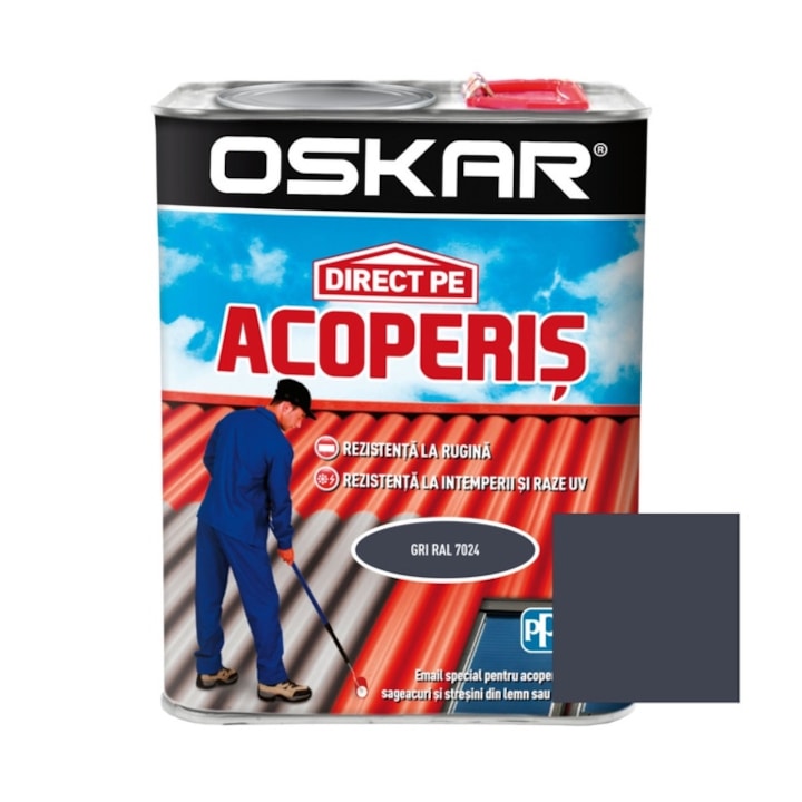 Алкидна боя Директно върху покрива Oskar, външна, сива RAL 7024, 2,5 L