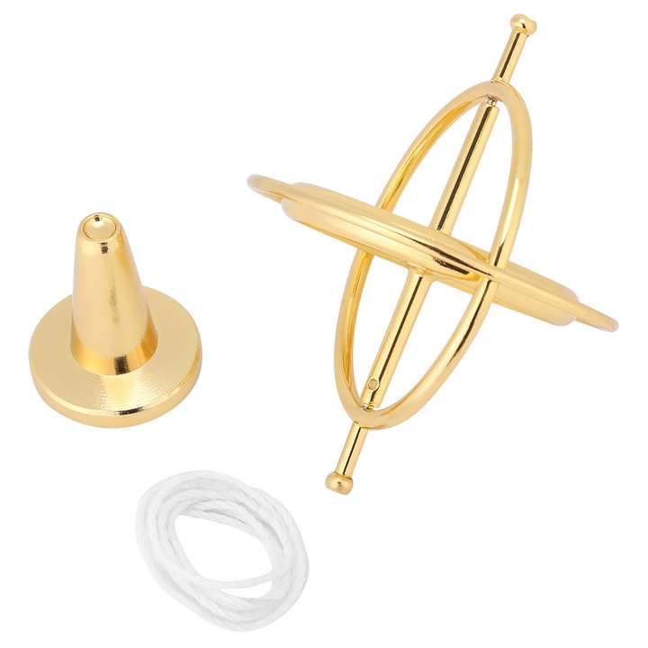 Fém antistressz giroszkóp, Jormftte, elegáns design, arany színű, 7x9cm méretű, tartóval és zsinórral