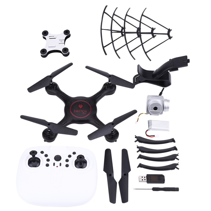 Quadcopter drón távirányítóval, 2MP HD kamerával, fej nélküli üzemmóddal, nagy/alacsony sebességgel, fekete színben