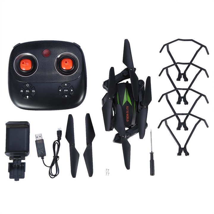 Drón 2,4 GHz-es távirányítóval, hosszúzolású üzemmóddal, állítható HD kamerával, zöld színnel, magasságtartási funkcióval