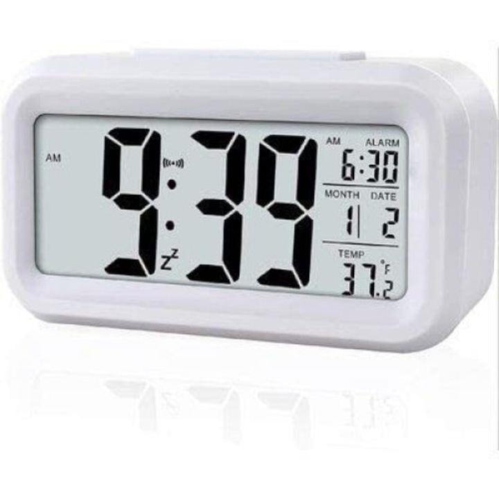 Дигитален часовник с термометър, аларма, LED екран, нощна лампа, бял