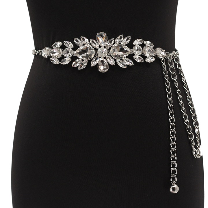 Дамски колан верижка, GOGOU®, Изчистен, С удължител, със сребърна верижка, Регулируем, с кристали, 105 см, Сребрист