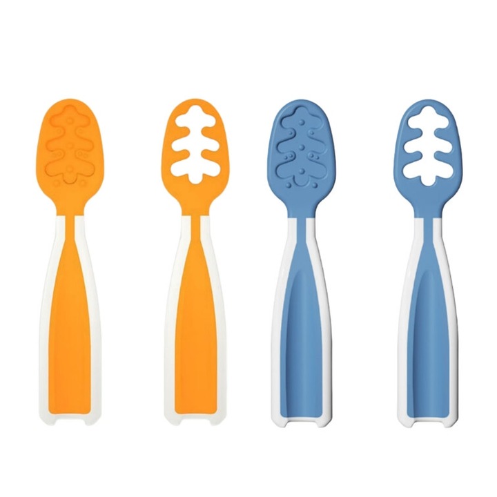 4 db előteáskanál készlet a baba diverzifikálásához és elválasztáshoz, szilikon, BPA mentes, 10*2 CM, 4-24 hónapos, kék/narancs