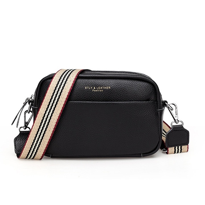 Дамска чанта, от естествена кожа, широка кожена каишка, черна, ежедневна