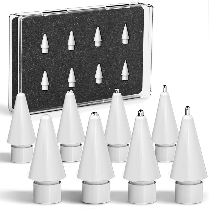 Set 8 accesorii de inlocuire, OEMG®, Penite anti-zgarieturi, functie Palm Rejection, 8x capete de rezerva, Alb