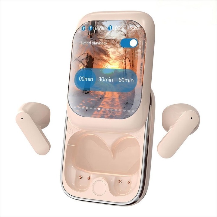 Casti Wireless, Smart Slider, ecran colorat, anulare zgomot, khaki