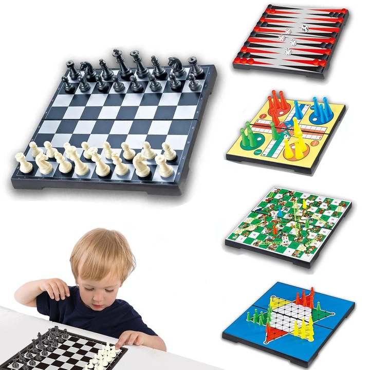 Настолна игра Kesment 5 в 1, комплект игри, шах, табла, игра със змии и стълби, летящ шах, дама, за семейни игри и пътуване, 26,5x27×4,5 см, цветна