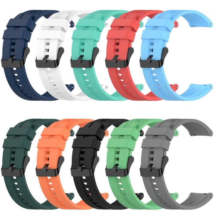 Curea SmartWatch din Silicon Premium, 22 mm, Set 10 curele, Catarama Neagra, Compatibilitatea Universala, Orice Ceas cu Latime Curea 22 mm, Samsung, Huawei, Honor, Amazfit, Garmin, Realme, Xiaomi, Gfinity, Set Multicolor