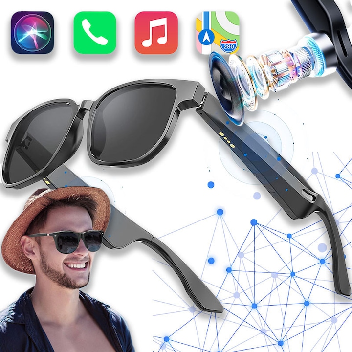 Vezeték nélküli okos napszemüveg, Excitat®, beépített hangszórókkal, Bluetooth-szal, kihangosítóval zenéhez és hívásokhoz, érintésvezérléssel és hangasszisztenssel, kibővített kompatibilitással, fekete