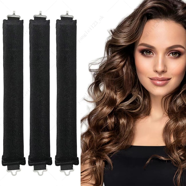 Bastonase pentru Cretirea Parului fara Caldura, din Spuma Moale - Set de 3 Bucati pentru Bucle peste Noapte - Pentru Par Lung si Mediu, Usor de Utilizat, negru