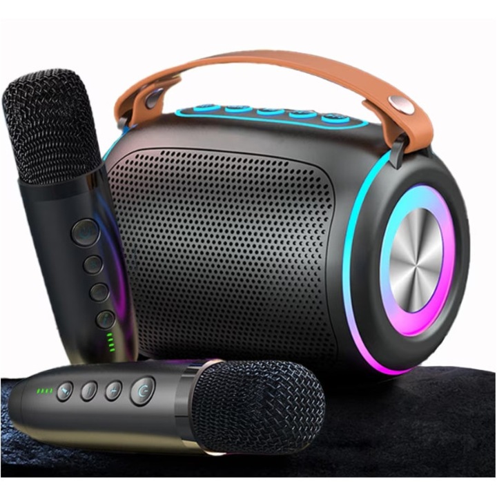 Bluetooth 5.3 Karaoke Hangszórókészlet, Excitat, 2 Vezeték Nélküli Mikrofonnal, RGB Fényekkel, Bulikra és Show-kra, 3D Sztereó Hangzás, C-típusú, Aux, Kompatibilis a Fő Eszközökkel, Felnőtteknek és Gyermekeknek, Fekete