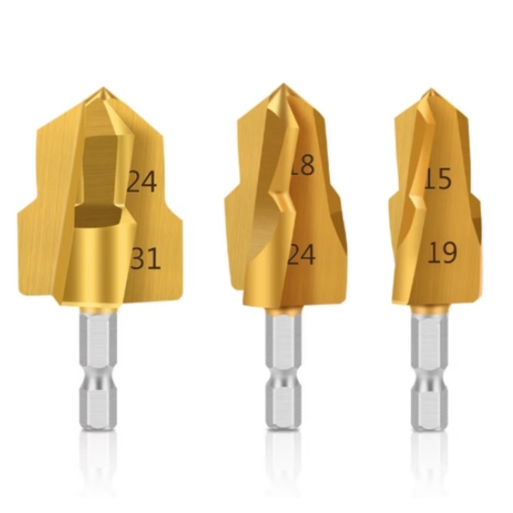 Set 3 burghie, Sunmostar, otel, auriu, pentru tevi MMP/PVC/PPR, Dicollas®